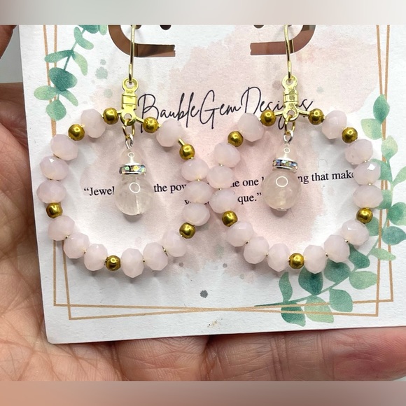 Rose Quartz & Crystal Beaded Hoop Earrings - Picture 2 of 5